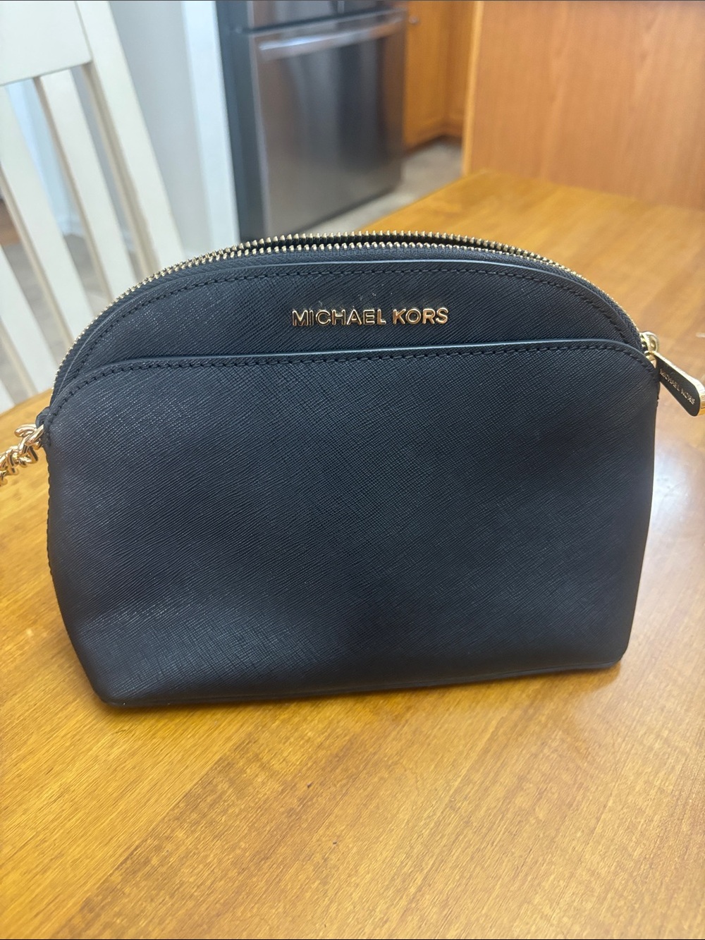 Michael Kors Black Saffiano Dome Crossbody Bag with Gold Hardware